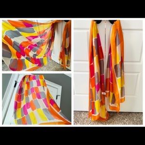 Satin-feel scarf. Bright square print. Extra long and wide. length = 7'